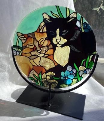 Tiffany Cats Joan Baker stained Glass Cat Tea Candle Holder Stand 4x5.5 Pet VTG
