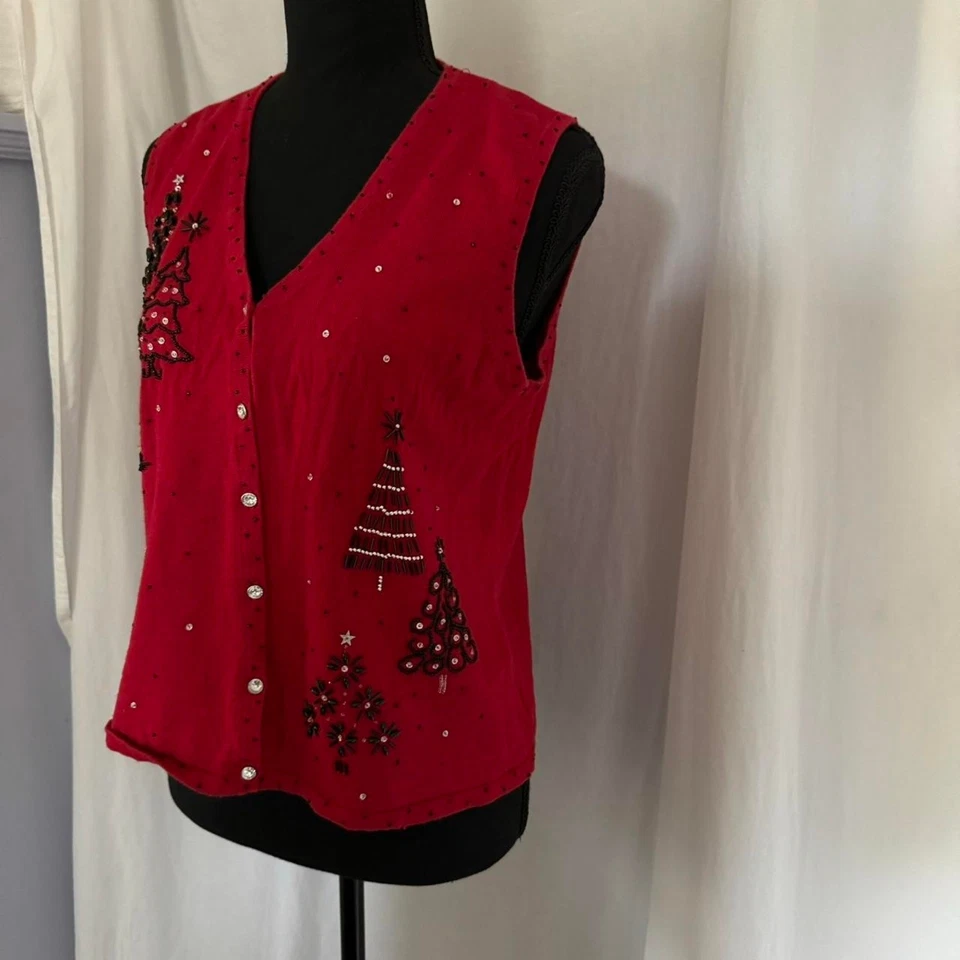 Mercer St Studio Navidad Tejido Chaleco Embellecido Con Cuentas Talla M Árboles de Navidad Foto 3 de 4
