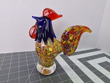 Vintage Hand Blown Murano Style Glass Rooster Beautiful Art Work Blue Red Multi