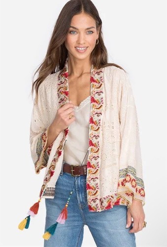 Johnny Was XL Isolde Floral Embriodered Eyelet Patchwork Kimono Top Quasten