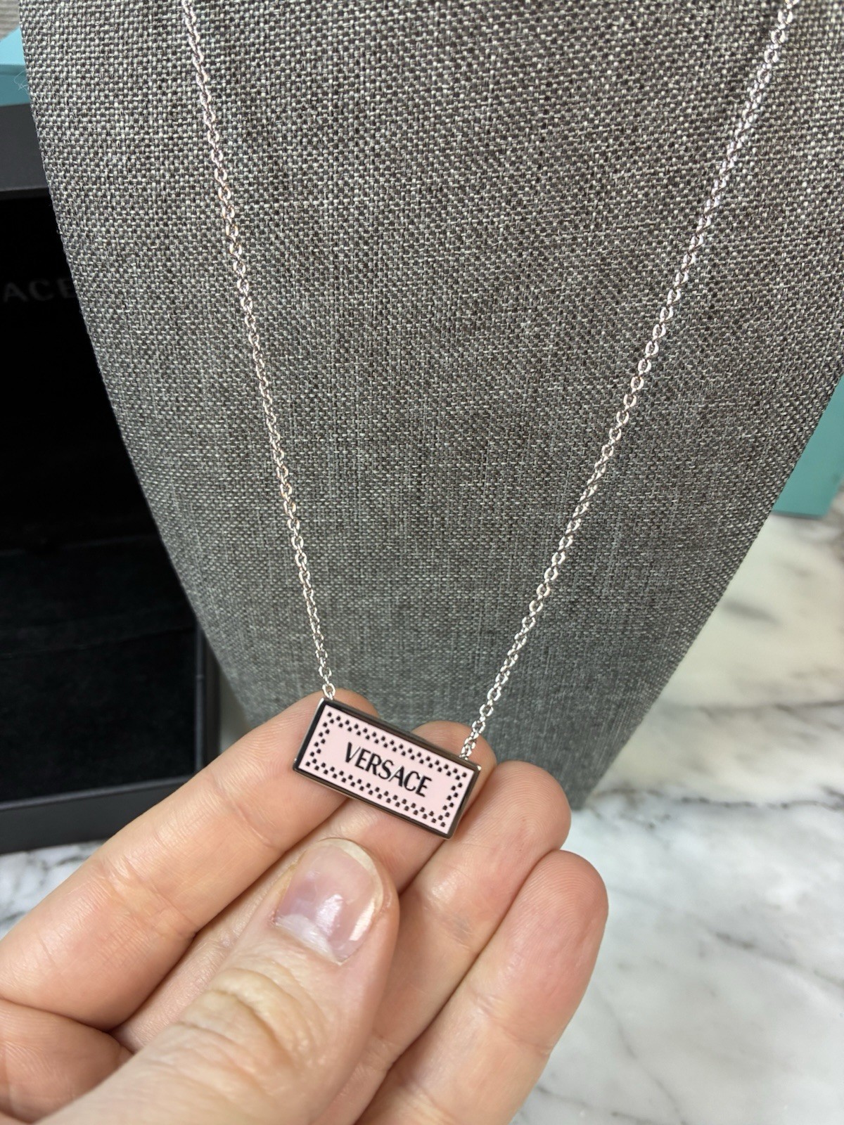 Versace Silver Metal & Pink Enamel Brand New 90’s Logo Necklace - w/ Jewelry Box thumbnail 3