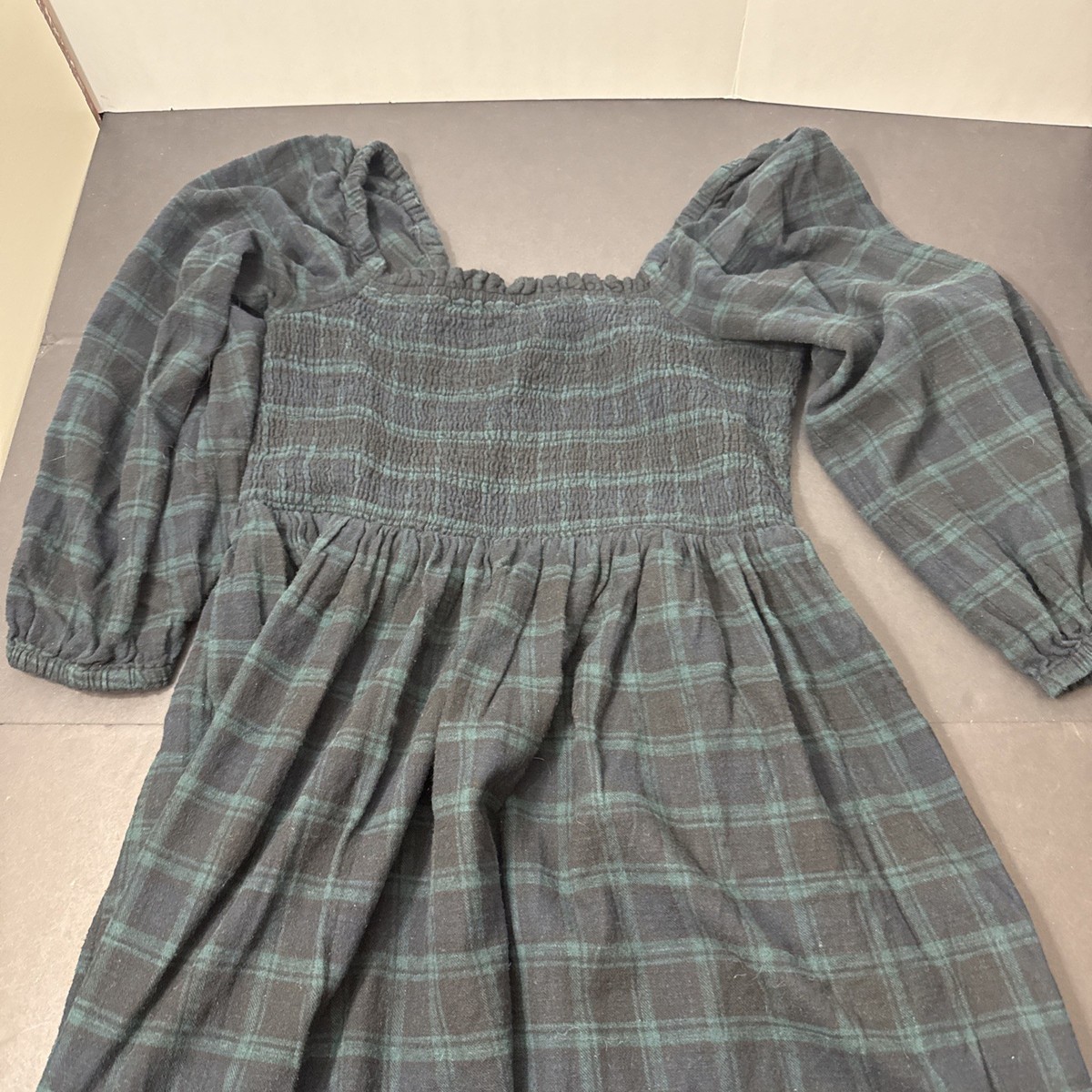 J. Crew Green Tartan Plaid Smocked Dress Large L Cotton Puff Sleeve Black  Watch