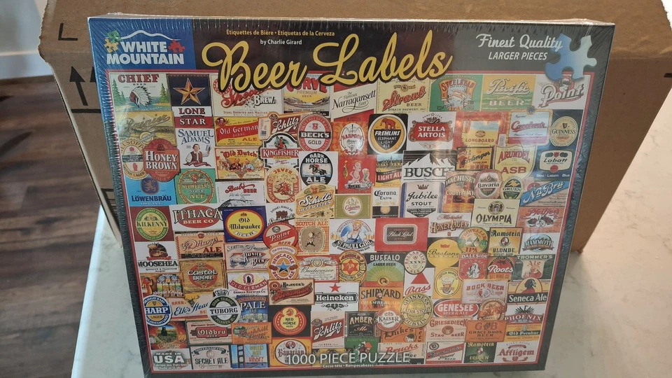 Rompecabezas de etiquetas de cerveza White Mountain 1000 piezas 24" x 30" nuevo en caja #1344 Foto 2 de 3