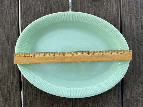 *Vintage Fire King Jadeite Oval Serving Plate Platter Jane Ray 12" x 9”, ribbed