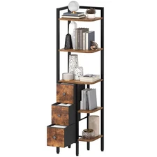 Corner Shelf Stand, 5-Tier Corner Bookshelf with 3 Drawers, Industrial Displa...