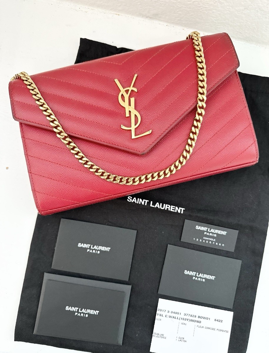 Auth SAINT LAURENT Large Portefeuille Envelope Red Chevron Monogram WOC