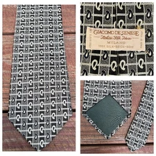 Vintage 90s Italian Silk Tie | Giacomo de Senese Paisley Black Sage Green Retro
