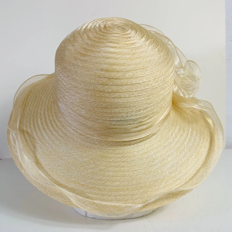 Elegante Sombrero de Iglesia Bellady Ala Ancha Beige Derby Organza Flor Formal De Colección Foto 4 de 4