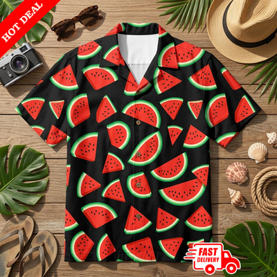 Mens Watermelon Fruit Hawaiian Shirt Black Aloha Button Down Summer Beach Party