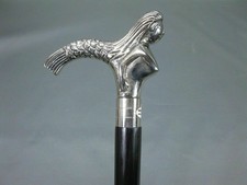 Mermaid Walking Stick Silver Metal Nautical Vintage Style Decorative Wood Cane