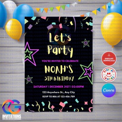 EDITABLE Party Birthday Invitation, Digital Black Stars Celebrate party Template