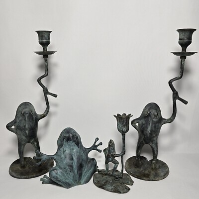 VTG SPI Bronze Frog Candle Holders Lily Pad Verdigris Bronze LOT Of 4