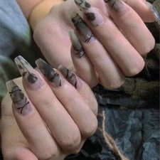 24 Press on nails kit w glue Long goth black rose gray matte frosted