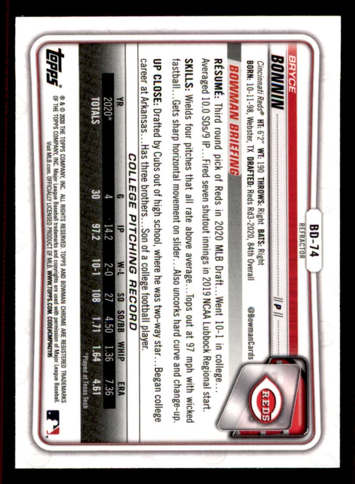 2020 Bowman Chrome Draft Refractors #BD74 Bryce Bonnin - Image 2 of 2