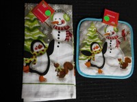 Holiday Penguin & Snowman X-mas Terry Kitchen Dish Hand Towel & Pot Holder Holiday Penguin & Snowman X-mas Terry Kitchen Dish Hand Towel & Pot Holder