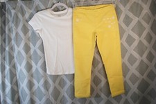 Girls Outfit WHITE S/S T-SHIRT Yellow Jeggings Pants, Emb Daisy Flowers L 12-14
