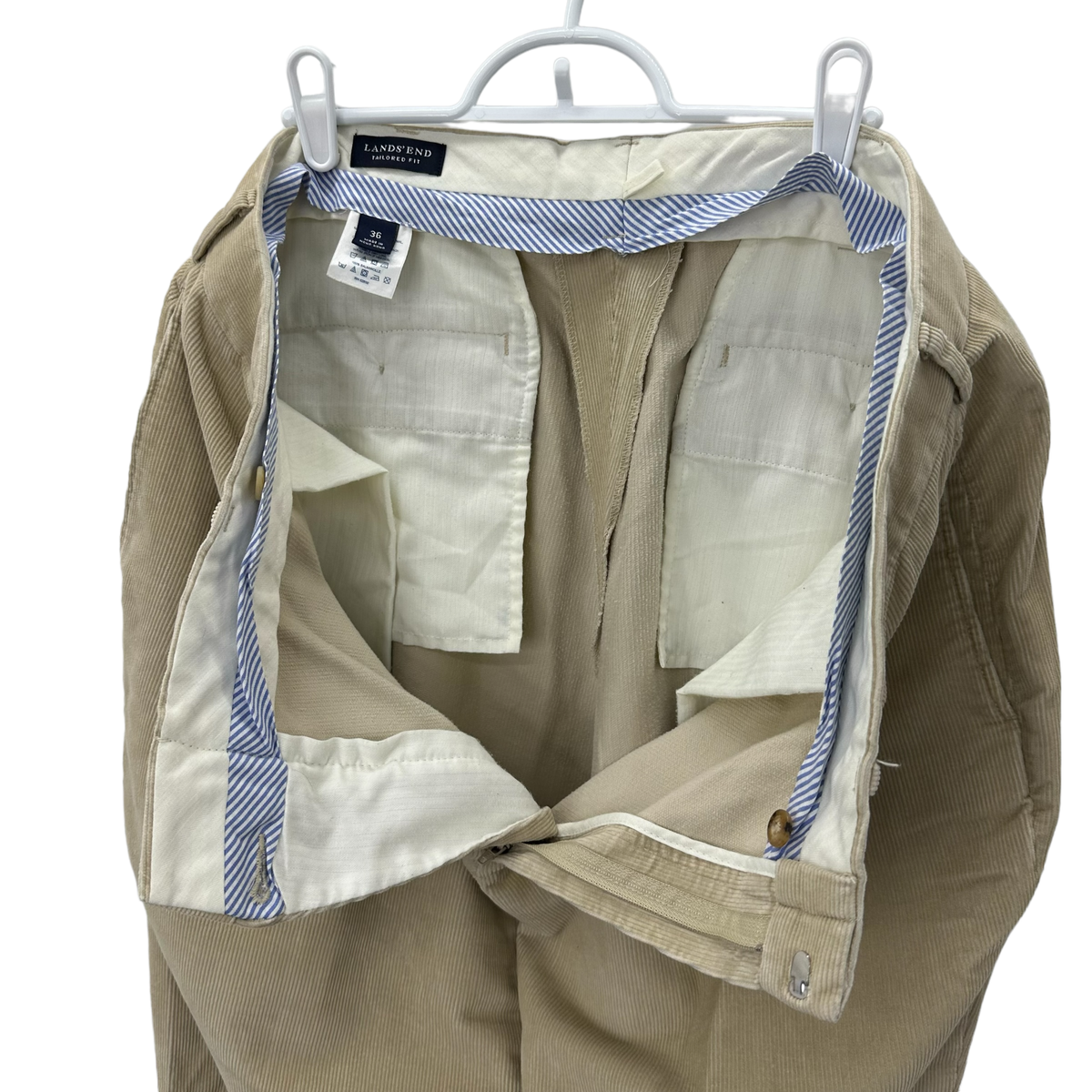 Pantalon Habillé Homme Lands' End Kaki - Taille 36x30, Plis Devant, Occasion Très Bon état