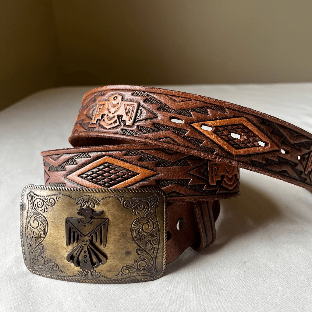 Vintage 70s Hand Painted Tooled Leather With Etched Brass Thunderbird Buckle 36
