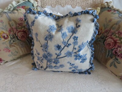 Aubusson style FRENCH COUNTRY Needlepoint Pillow Cover Blue Cherry Blossoms