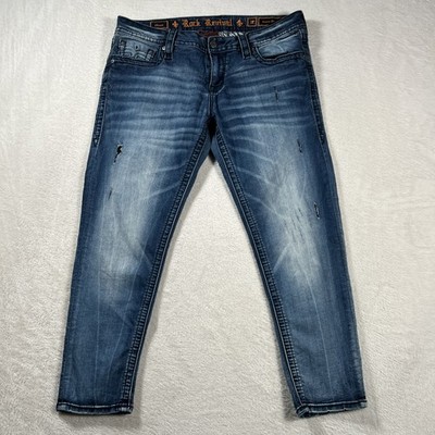 ROCK REVIVAL Jeans Women's 34x26 Moon Ankle Skinny Blue Denim Pants Fleur-De-lis