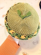 Vintage 1950s Green  Yellow Velvet Tilt Hat w/ Veil Union USA Floral Fascinator