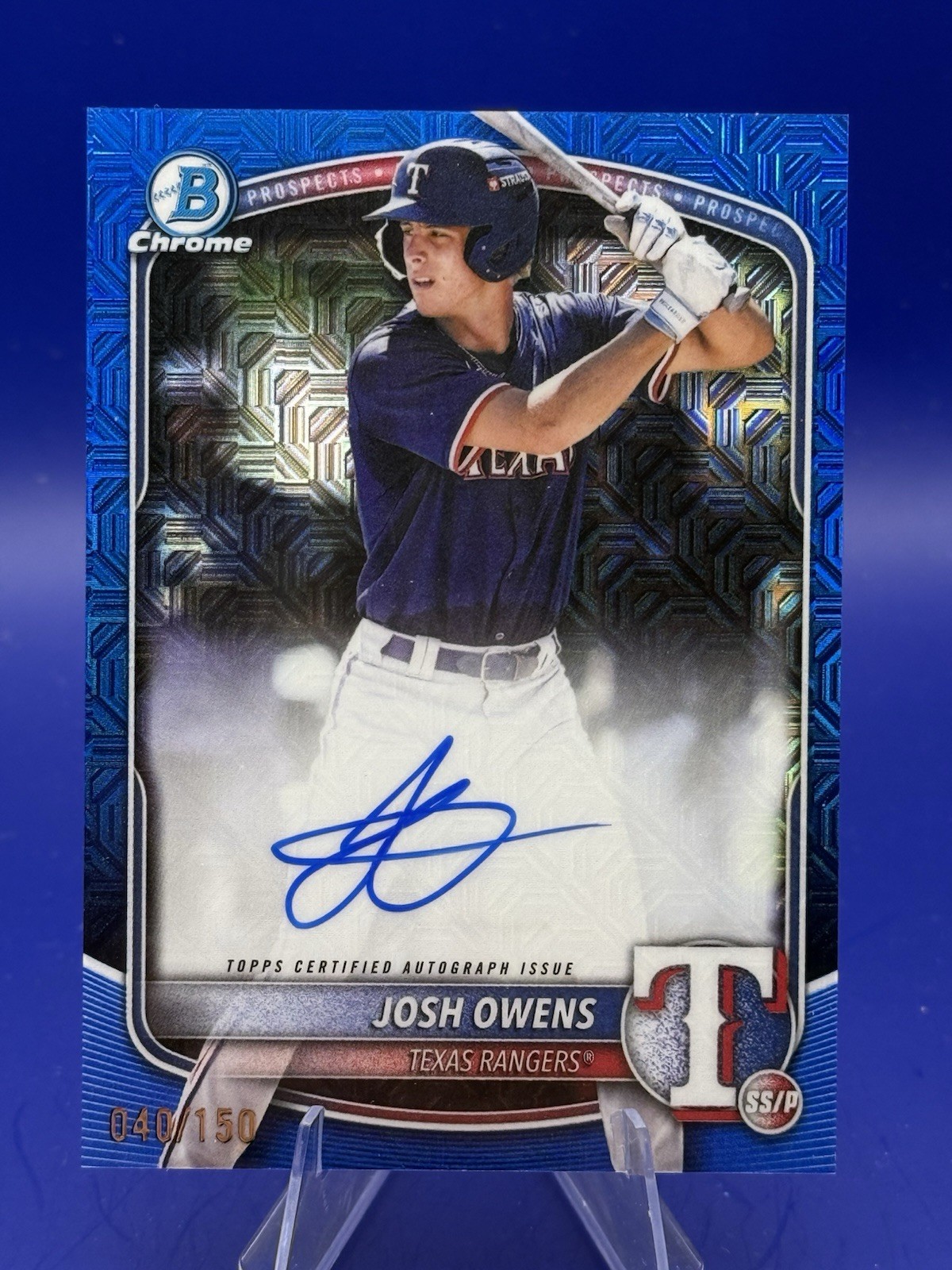 2025 Bowman Draft Chrome BMA-JO Josh Owens Blue Mojo Refractor Auto /150 Rangers