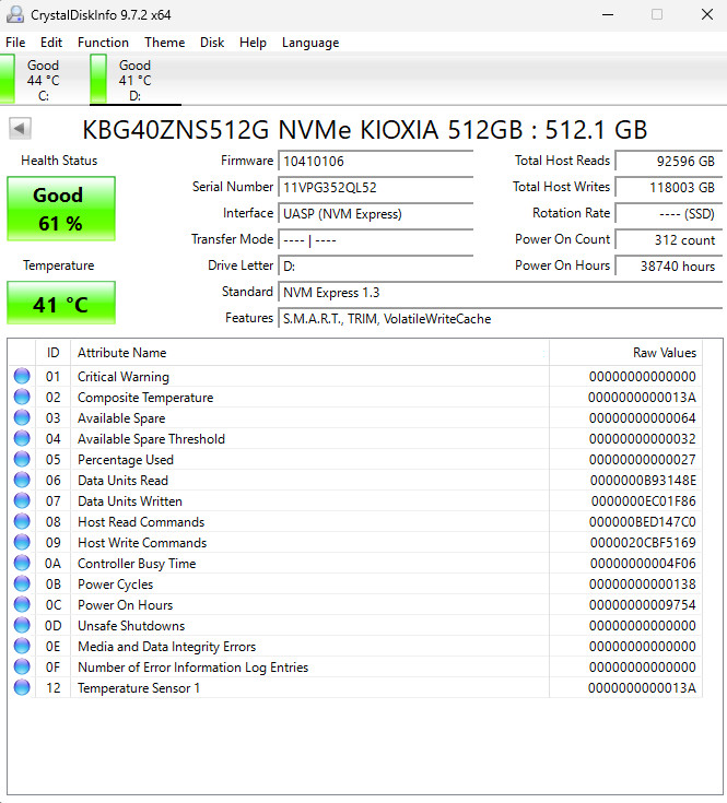 Kioxia KBG40ZNS512G 512GB NVMe M.2 2230 SSD PCIe Solid State Drive 61% Health