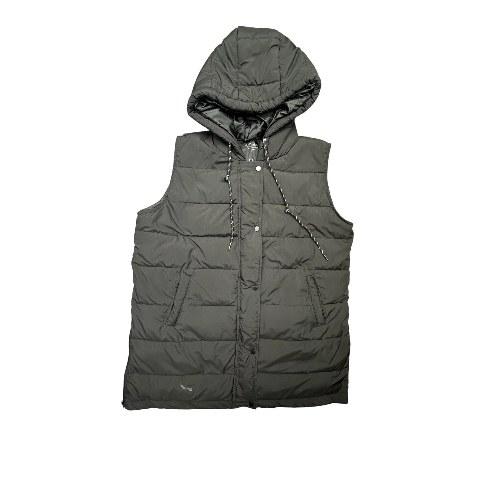 Meta Activewear Quilted Puffer Vest Mens XL Black Hooded Side Zip Gorpcore