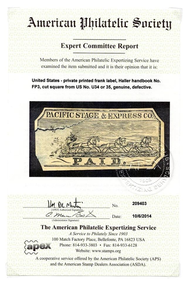 US 1820s PACIFIC STAGE & EXPRESS CO. HALLER HANDBOOK #FP3 CUT SQUARE FROM U34/35 - Image 4 of 4