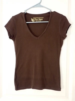 Victoria Secret-VS Tee Shop -Brown-V-Neck-Cap Sleeve-T-Shirt-Size Small - Image 1 of 4