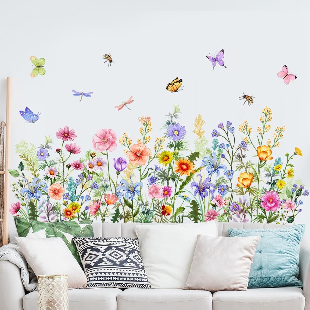 Colorful Floral Wall Decals Wildflowers Flower Wall Stickers Butterfly Green ...