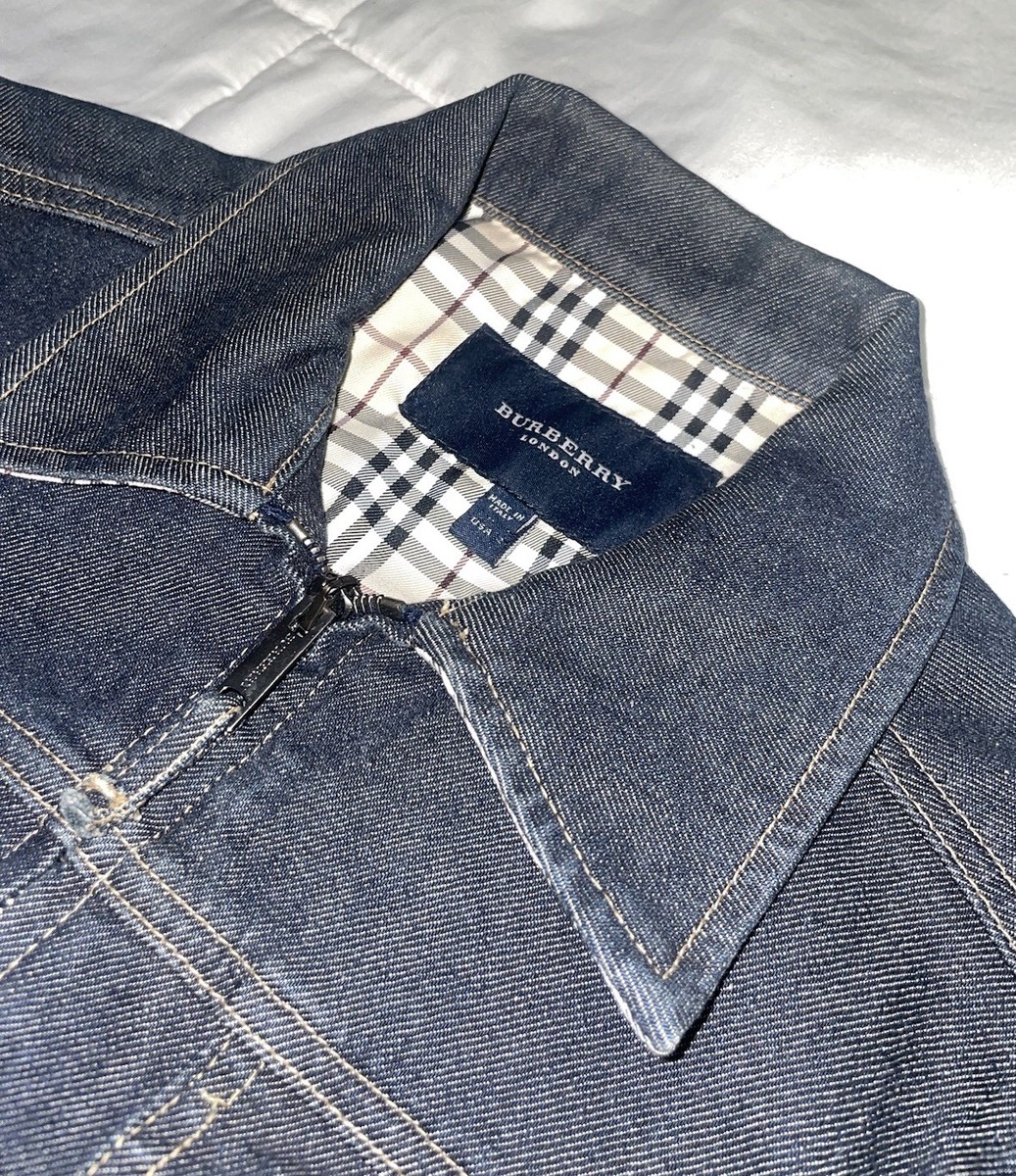 BURBERRY London Denim Jacket Sz 2 S Blue Nova Check Zip Moto
