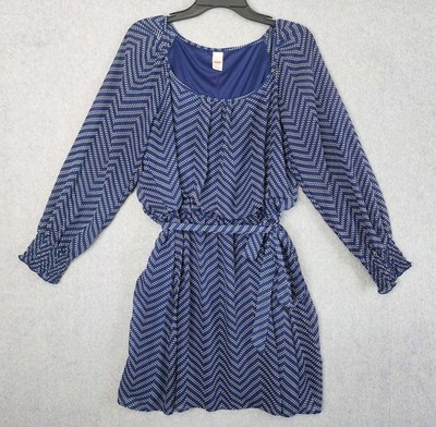 Bongo Navy Blue Chevon Polka Dot Mini Dress Belted Junior Size XL Lined