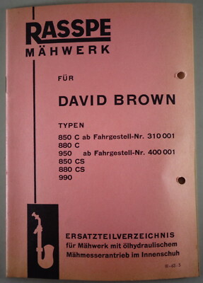 Parts Catalog Rasspe Mower for David Brown 850 C/CS 880 C/CS 950 990 from 3/1963