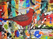 Painting Cardinal Original Signed Realism Bird Abstract Nature Scenery Landscape