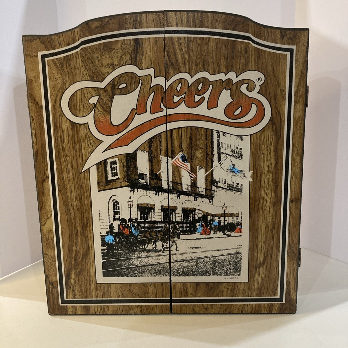Cheers TV Show Vintage Dart Board Cabinet Wood Man Cave Wall
