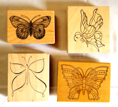 #ad Lot of 4 Large Butterfly Line Stamps Rubber on Wood Block Mount 3.5quot; x 4quot; $19.91