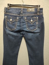 Miss Me Jeans Womens 30W 34L Blue Gold Stitched Rhinestones Embroider Ladies
