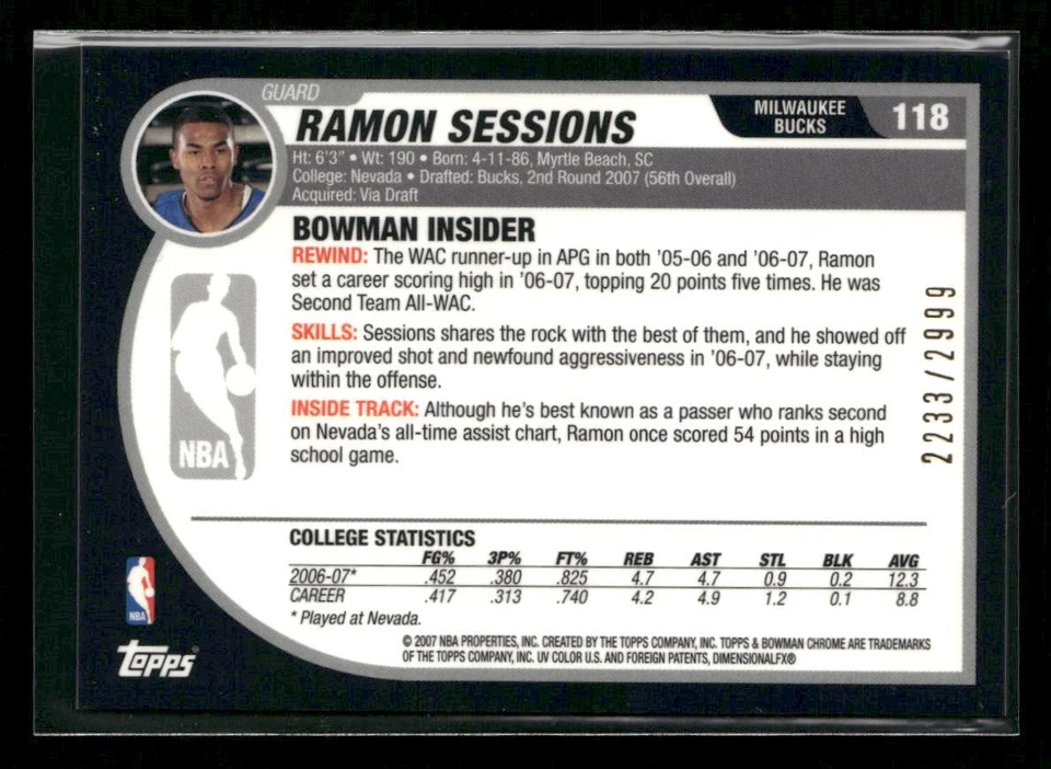 2007-08 Bowman #118 Ramon Sessions Chrome #/2999 - Image 2 of 2
