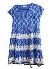 Roller Rabbit Womens Dress XS Embroidered Boho Blue Babydoll Tiered Printed