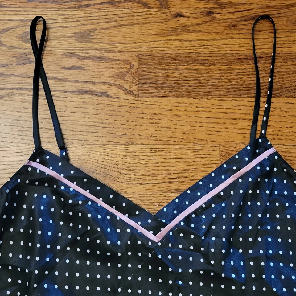 Morgan Taylor Slip Chemise Nightgown Womens L Black & White Polka Dot Pink Trim - Image 2 of 4