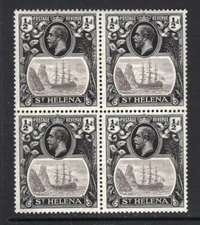 M20968 St Helena 1923 SG97/97c - ½d grey & black block of 4 CLEFT ROCK variety