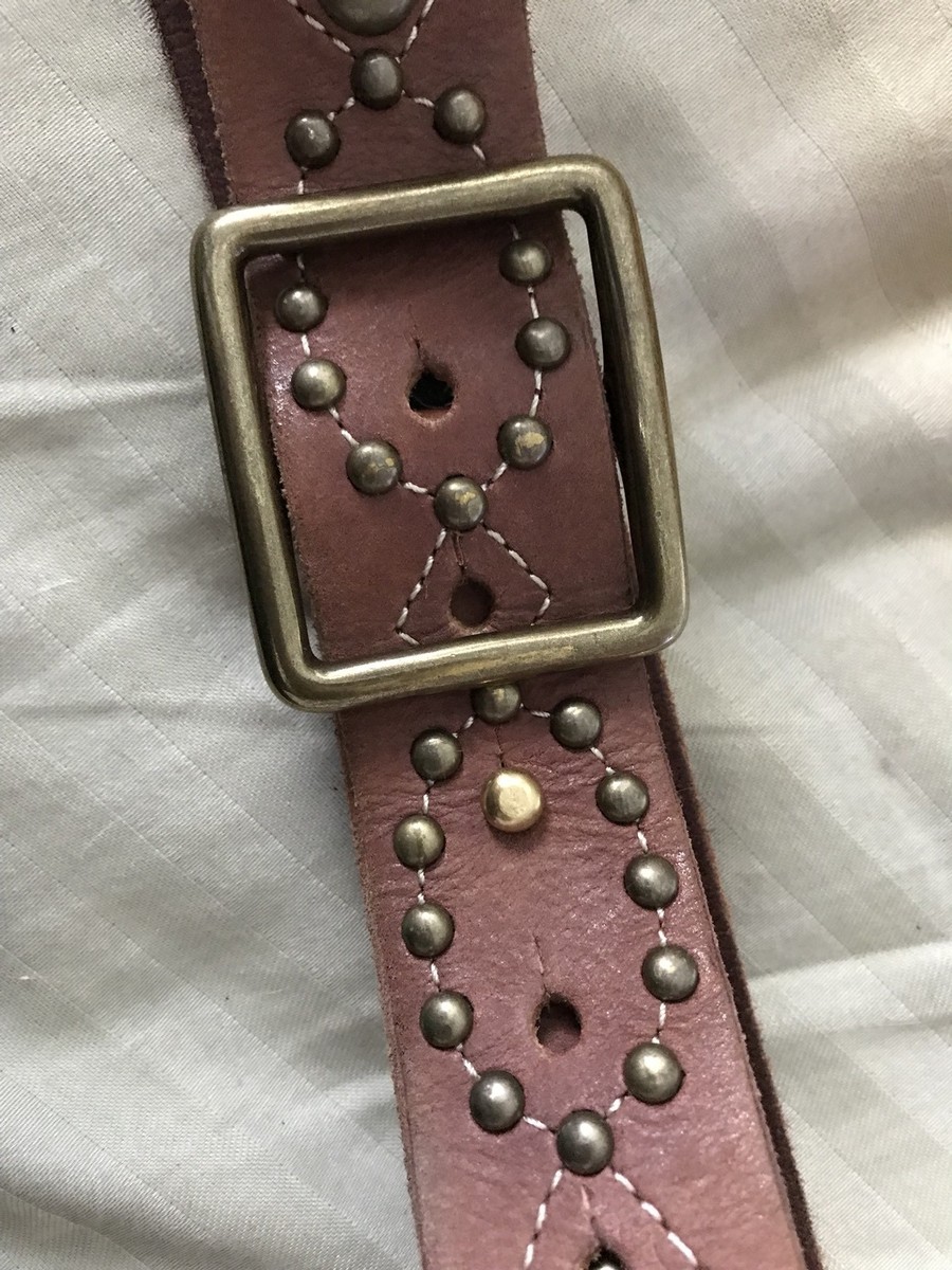 Boho Western Studded Tan Distressed Leather Belt with Brass Tone Angled Buckle L Vintage Stitched Leather Laces Belt Size 32 ~ Lace Beaded  main image 3