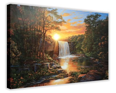 Wasserfall Sonnenaufgang Ölgemälde Leinwand Wandbild Bild Druck Wohnzimmer