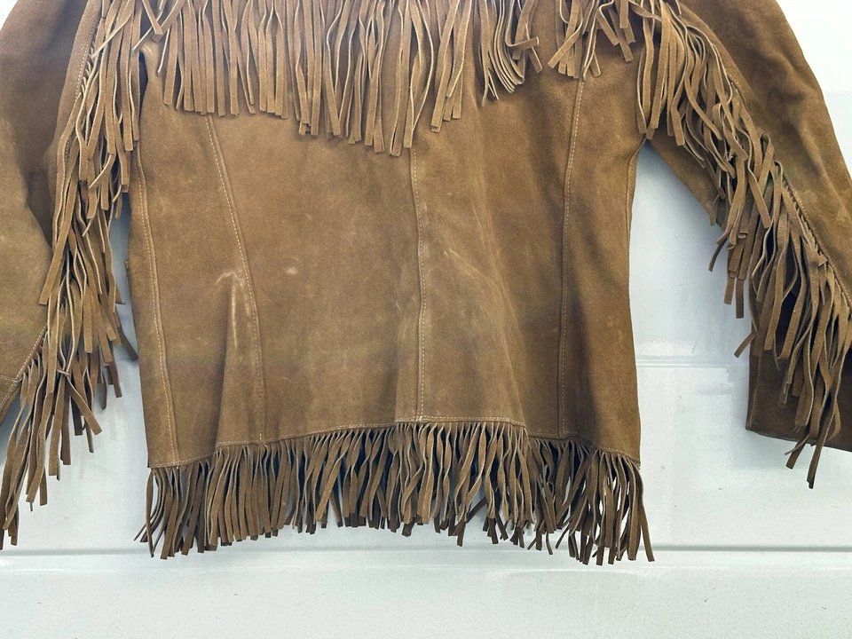 Jaqueta Longa Vintage Western Camurça Couro Marrom Franjas Tamanho 18 Jo -o- Kay - Imagem 4 de 4