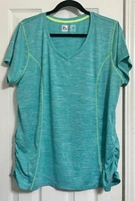RBX PERFORMANCE DRI WOMENS PLUS SIZE 1X BLUE V NECK SHORT SLEEVE SHIRRED SIDES