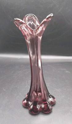 Vintage Purple Amethyst 3 Finger Swung Glass Bud Vase- Hand Blown Art Glass