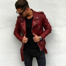 Men's Red Genuine Lambskin Leather Biker Jacket VINTAGE REAL RED MOTORCYCLE