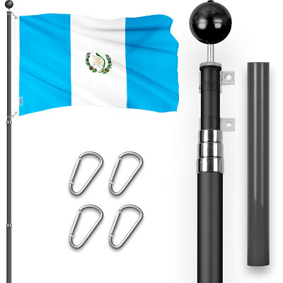 Combo: 16 Ft Telescoping Flagpole Black & Guatemala Guatemalan Flag 3x5 Ft Emb