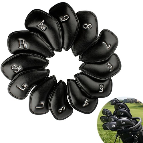 RAINFLOW 12 Pcs Golf Iron Covers Set - Synthetic Leather Head black - Picture 1 of 9